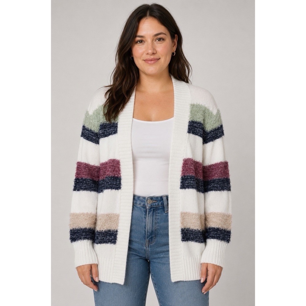 Verve Ami Cardigan Large White Fuzzy Striped Open Front Cozy Knit Sweater Boho